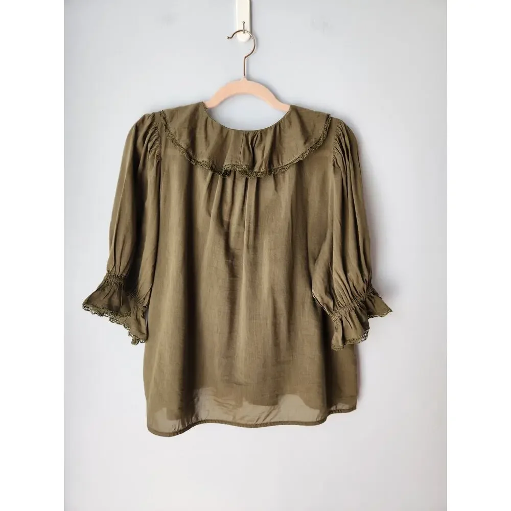 NWT Madewell Pintucked Ruffled Puff-Sleeve Top Green L